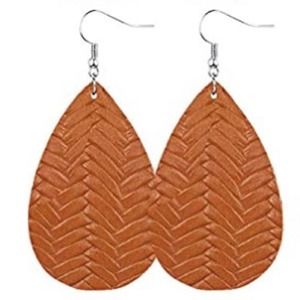 New Boutique Lightweight Braided Faux Leather Light Brown Teardrop Earrings